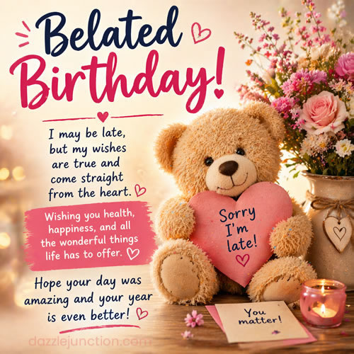 Sorry Late Teddy Bear Belated Birthday greeting image